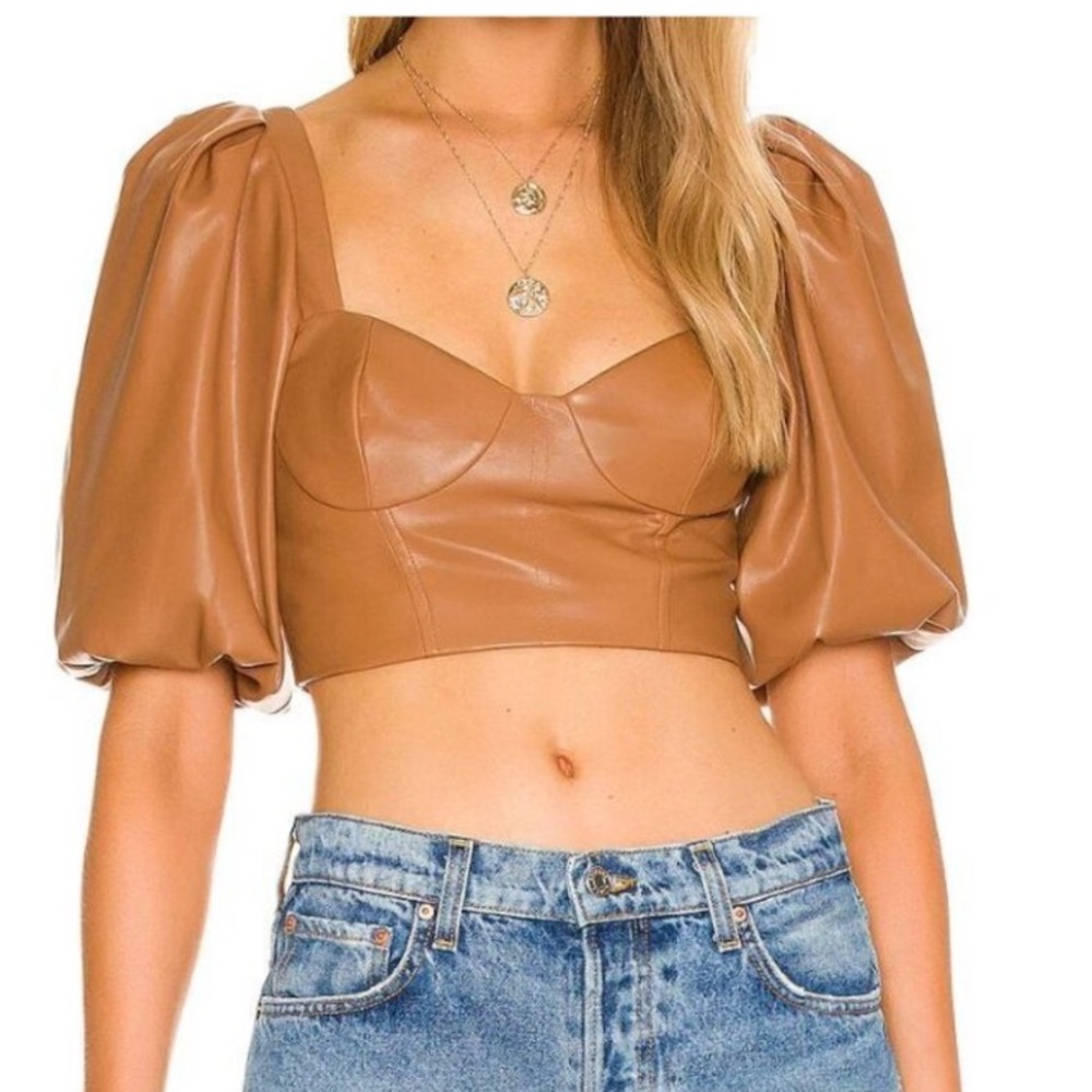 MAJORELLE Revolve Faux Leather Camel Brown Skirt & Crop Top Set Small - Picture 2 of 12